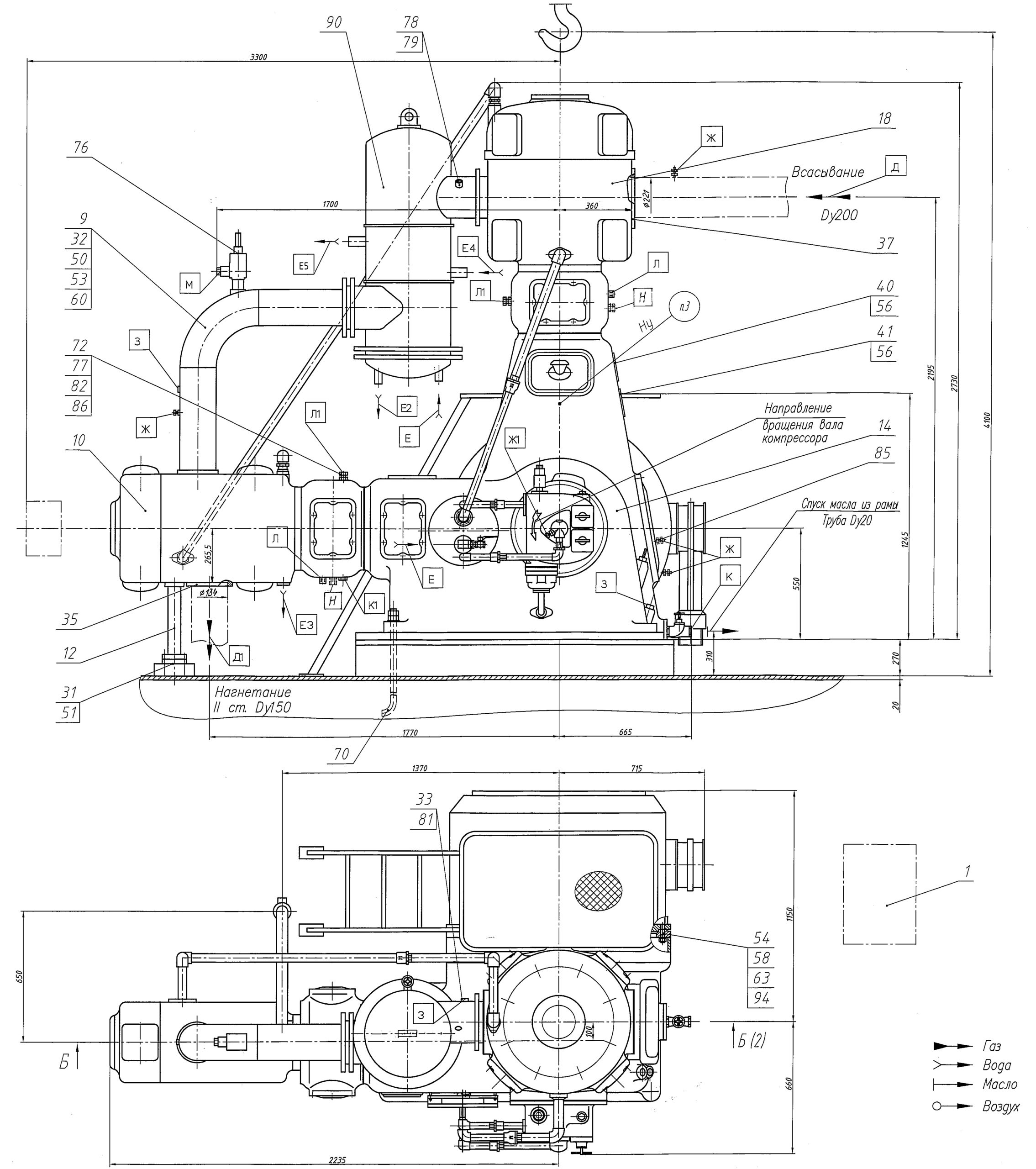 схема углового воздушно поршневого компрессора двухступенчатый